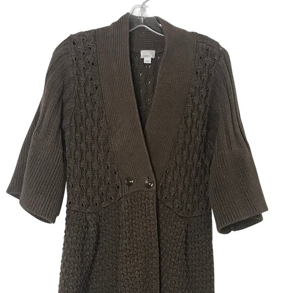 Caslon 3/4 Sleeve Chunky Basket Weave Knit Button Cardigan Sweater Brown Large - Picture 2 of 7